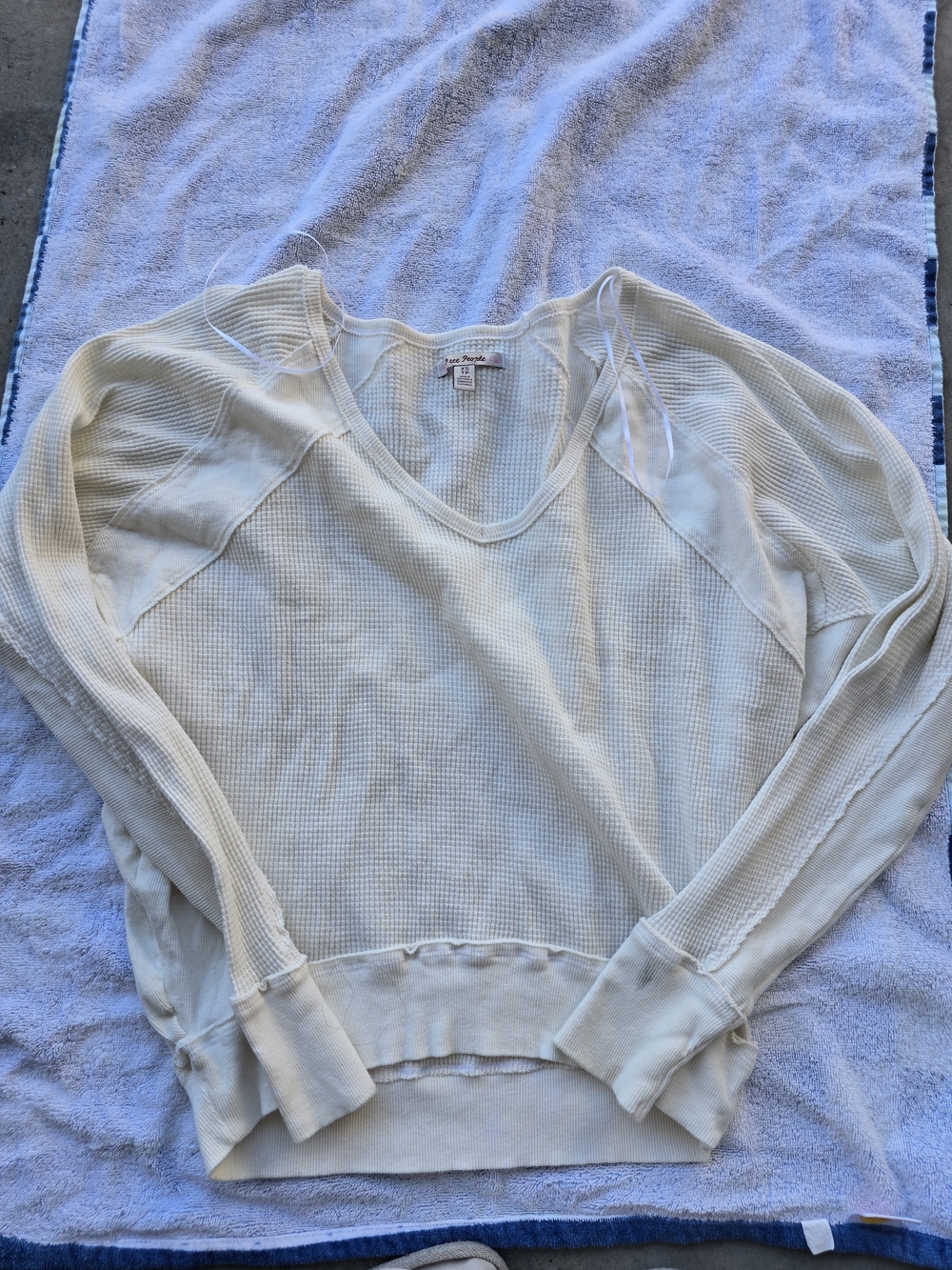 Free People Ivory Waffle Knit V-Neck Long Sleeve Top